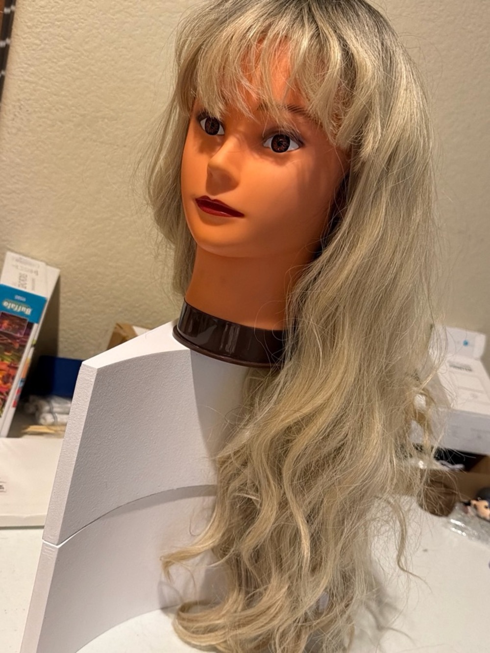 Long Wavy Blonde Practice Mannequin Wig with Bangs - Professional Styling Head